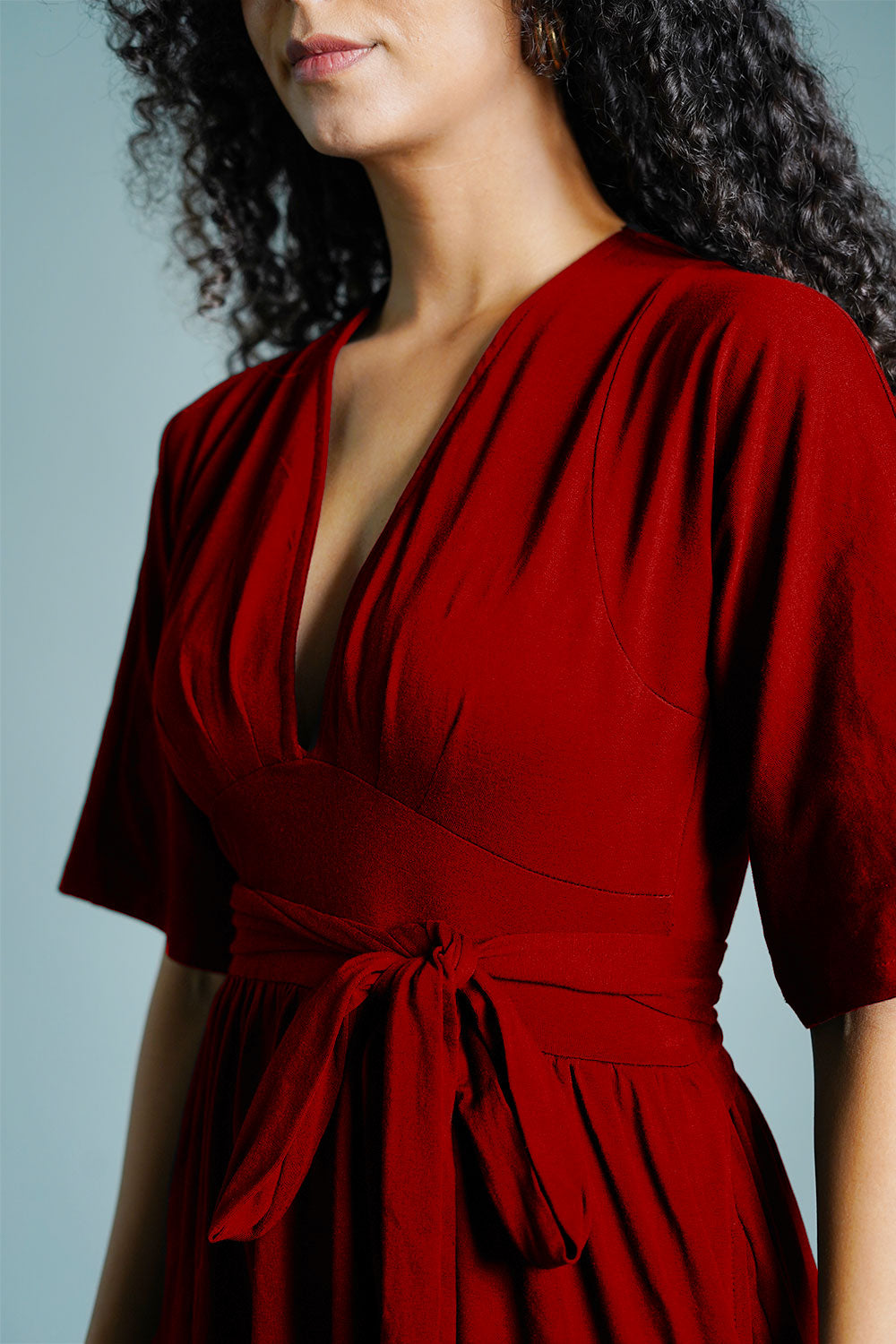 Maroon Jersey Knit Plunge Sash Tie Dress