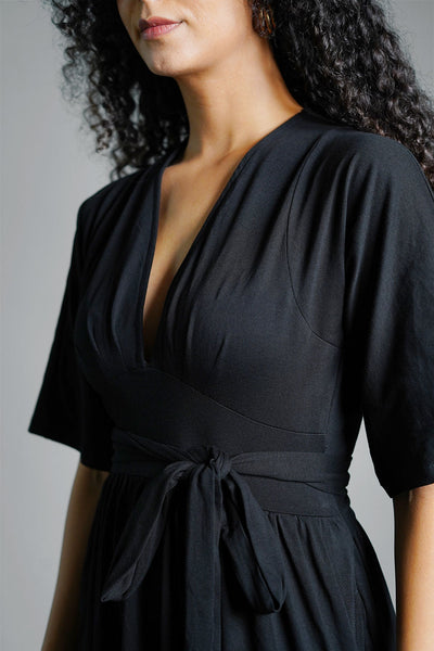 Black Jersey Knit Plunge Sash Tie Dress