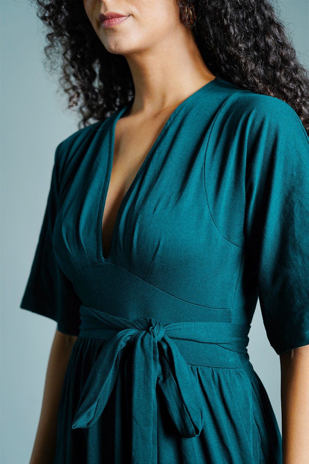 Teal Jersey Knit Plunge Sash Tie Dress