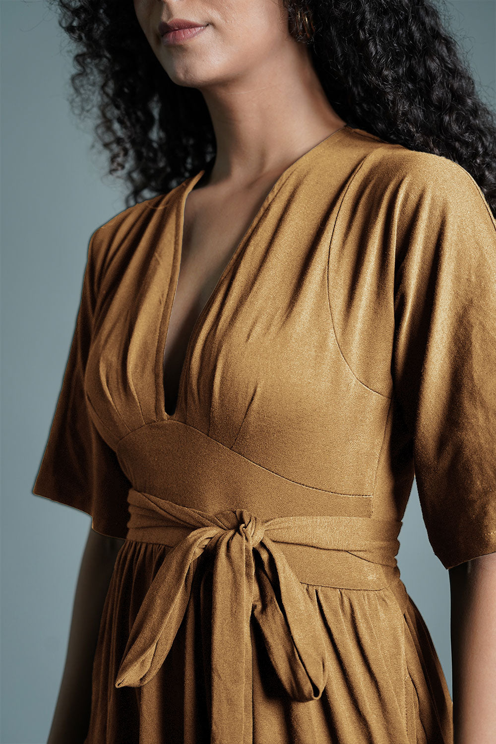 Beige Jersey Knit Plunge Sash Tie Dress