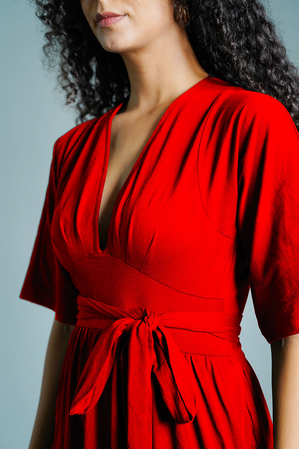 Red Jersey Knit Plunge Sash Tie Dress