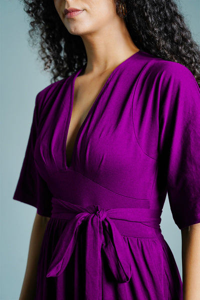 Purple Jersey Knit Plunge Sash Tie Dress