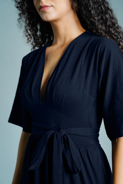 Navy Jersey Knit Plunge Sash Tie Dress