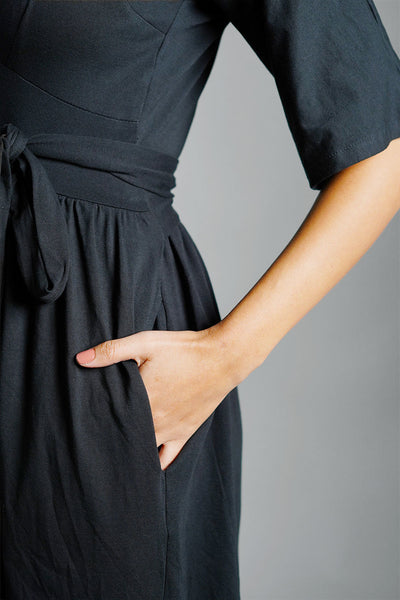 Black Jersey Knit Plunge Sash Tie Dress