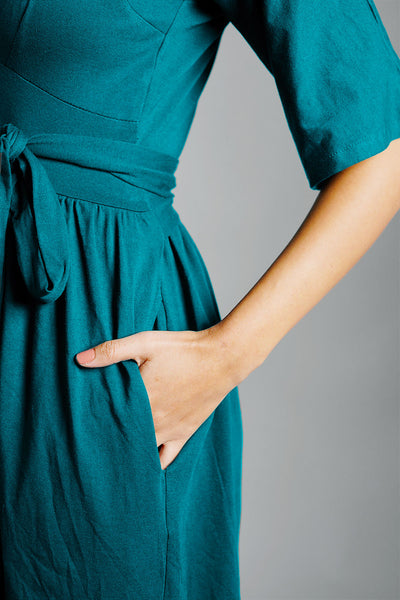 Teal Jersey Knit Plunge Sash Tie Dress