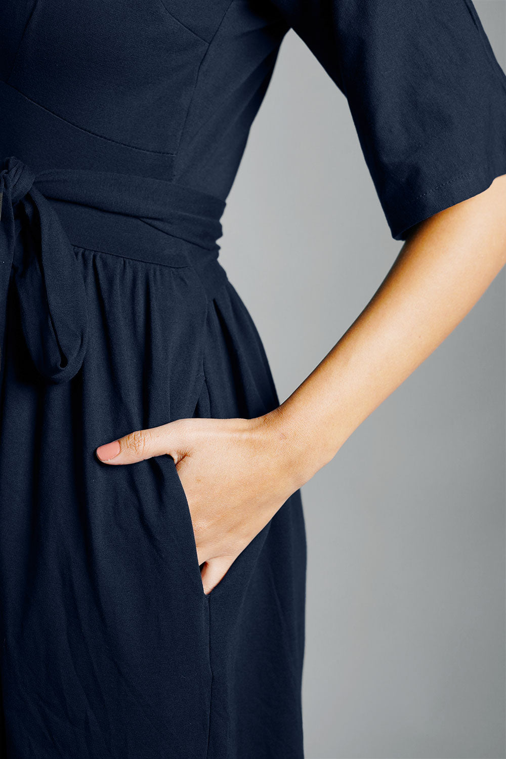 Navy Jersey Knit Plunge Sash Tie Dress