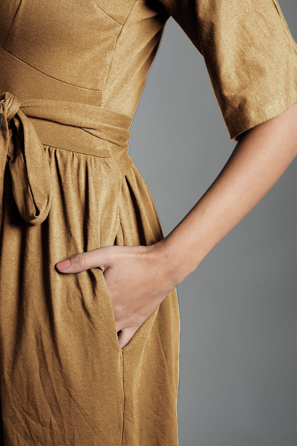 Beige Jersey Knit Plunge Sash Tie Dress