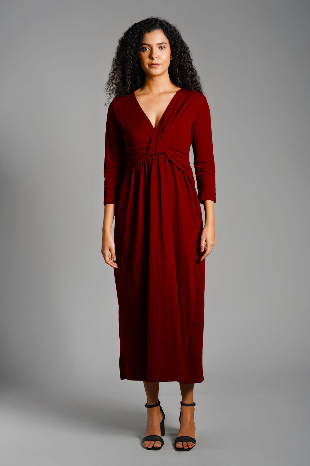 Drape Front Maroon Cotton Jersey Dress