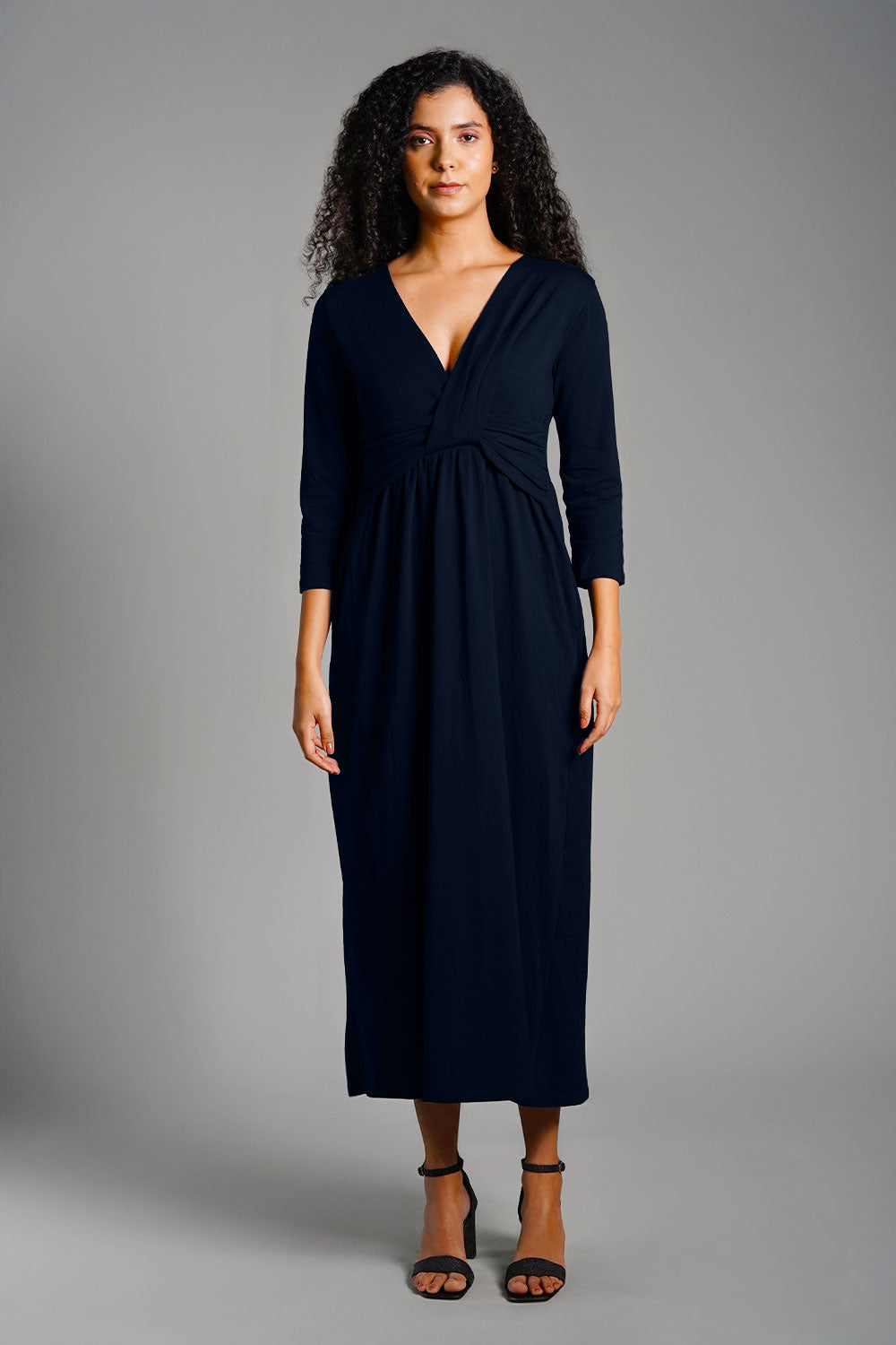 Drape Front Navy Cotton Jersey Dress