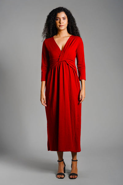 Drape Front Red Cotton Jersey Dress