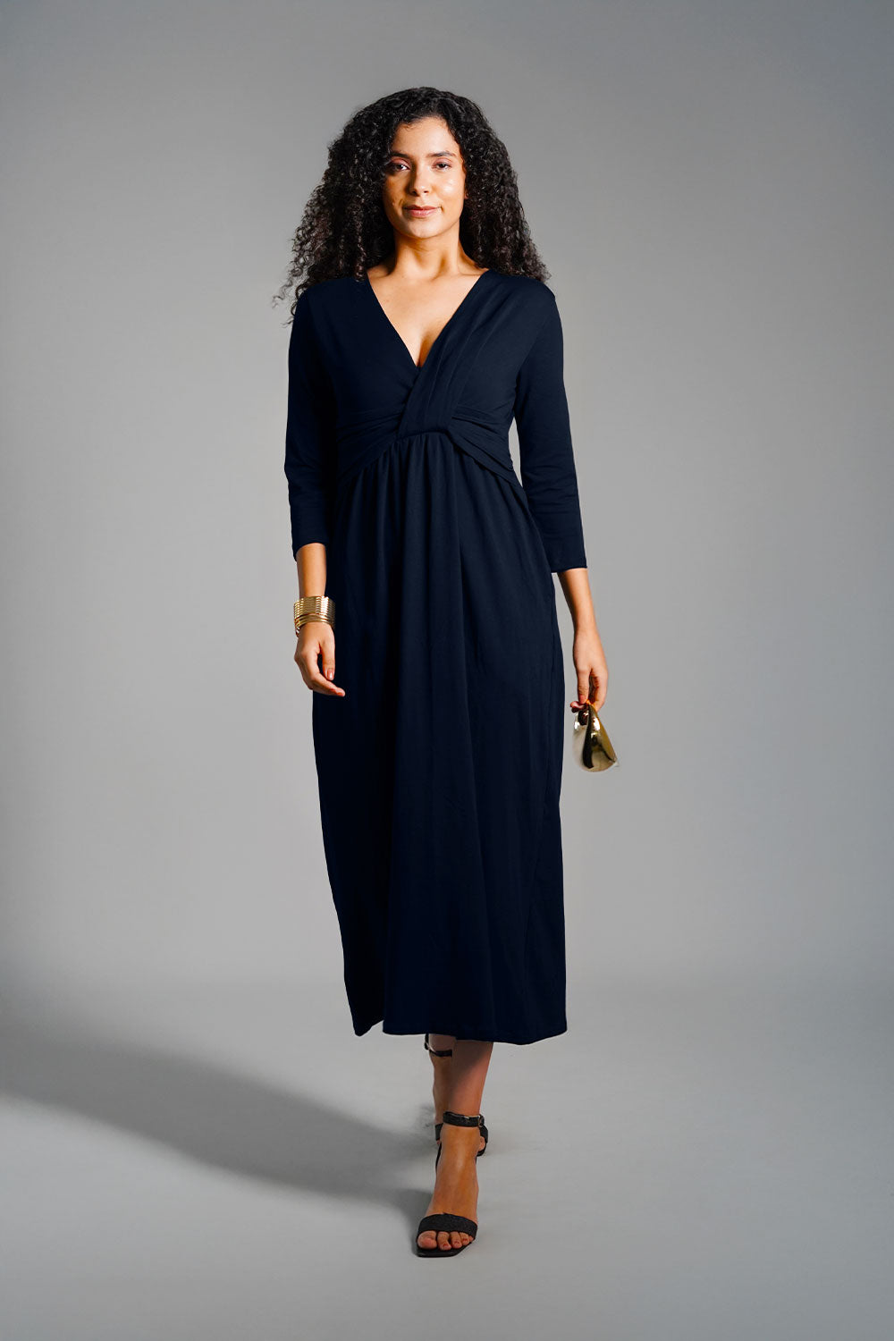 Drape Front Navy Cotton Jersey Dress