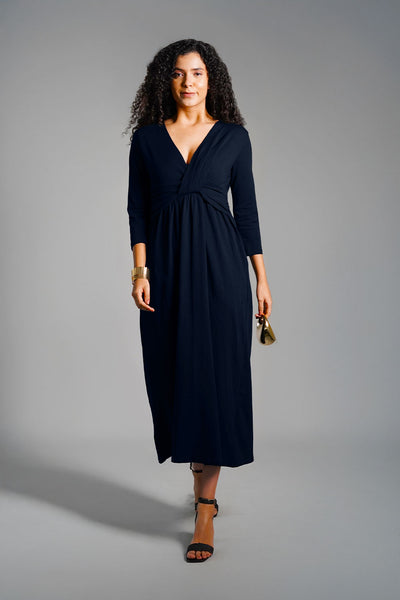 Drape Front Navy Cotton Jersey Dress