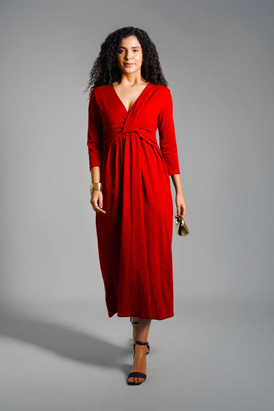 Drape Front Red Cotton Jersey Dress