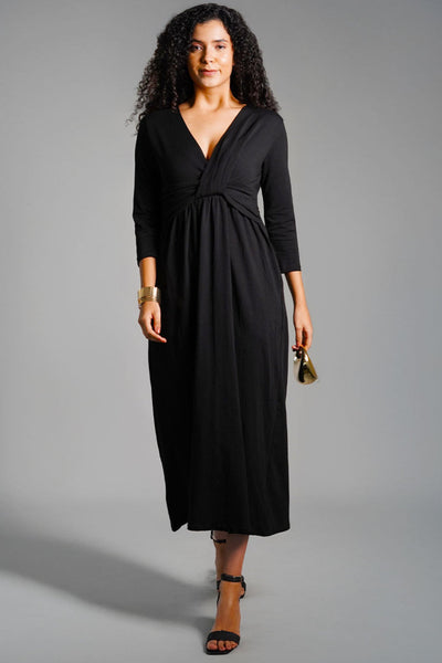 Drape Front Black Cotton Jersey Dress