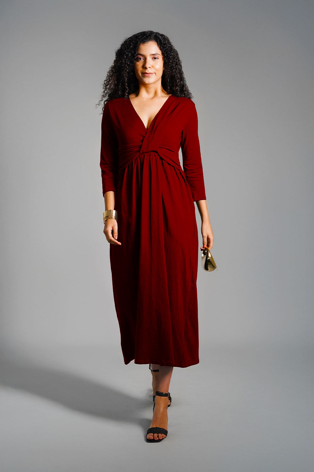 Drape Front Maroon Cotton Jersey Dress