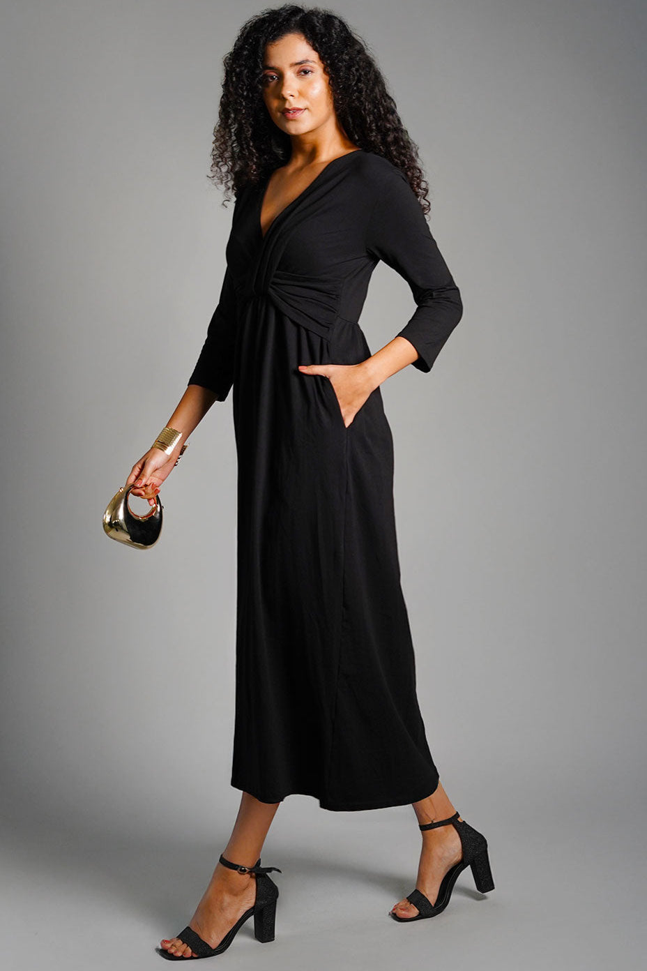 Drape Front Black Cotton Jersey Dress