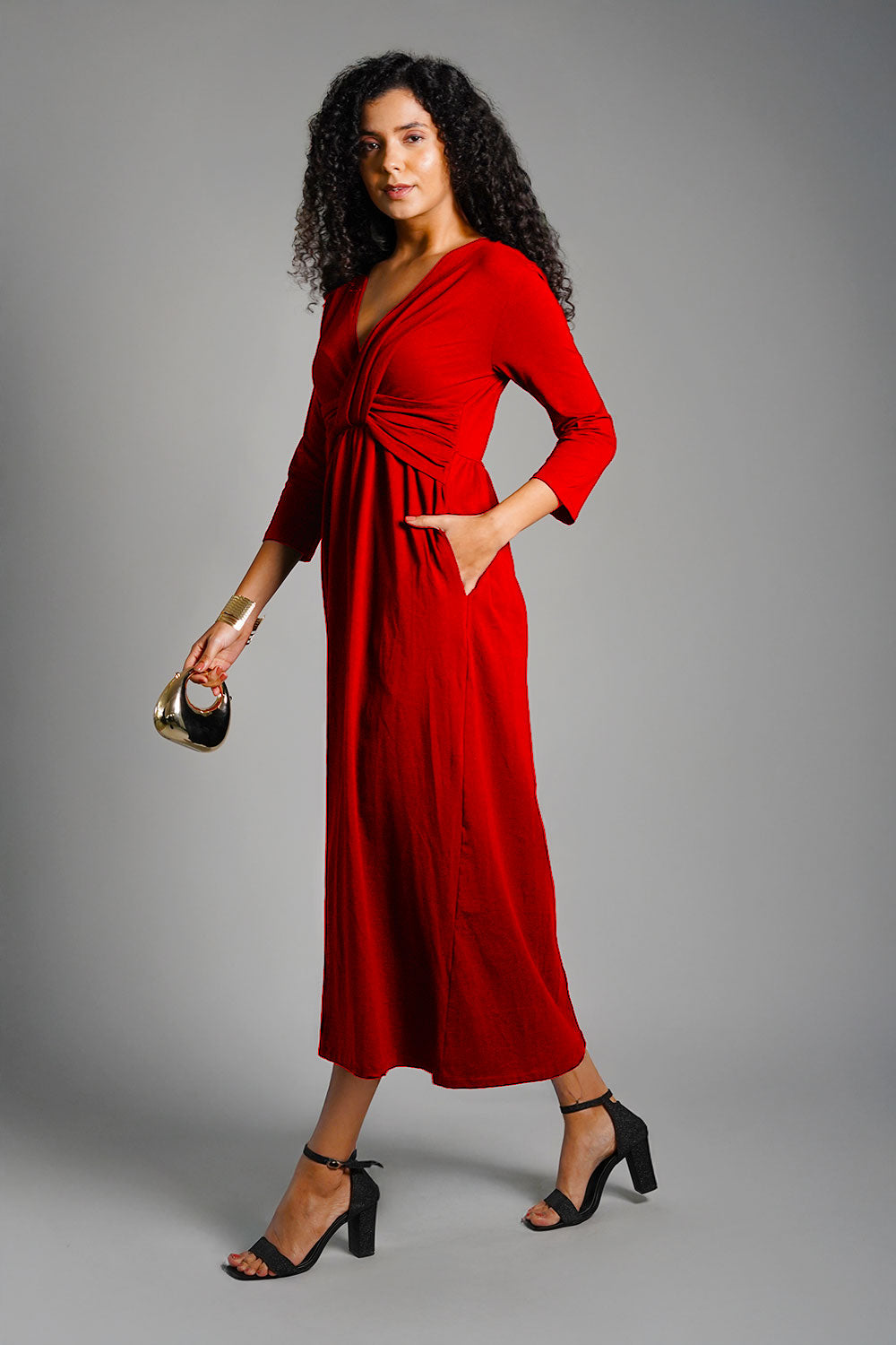 Drape Front Red Cotton Jersey Dress