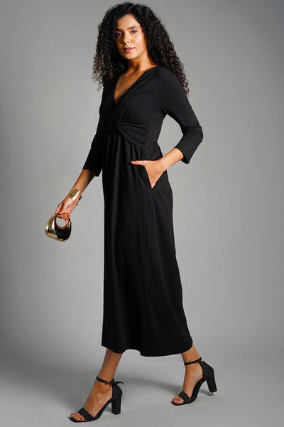 Drape Front Black Cotton Jersey Dress