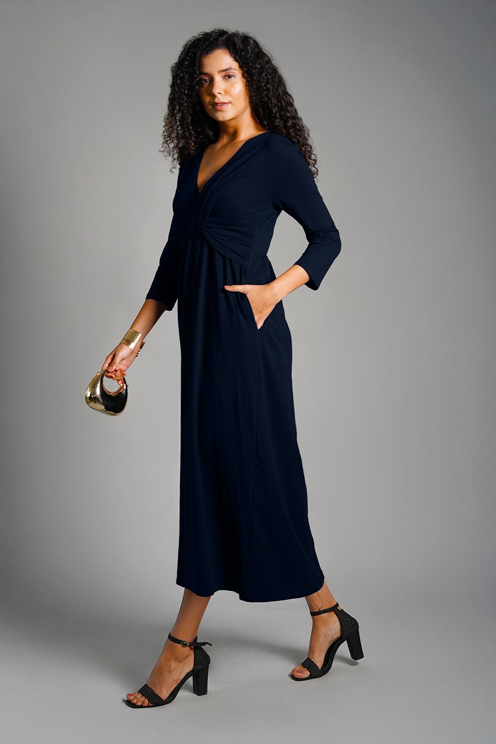 Drape Front Navy Cotton Jersey Dress