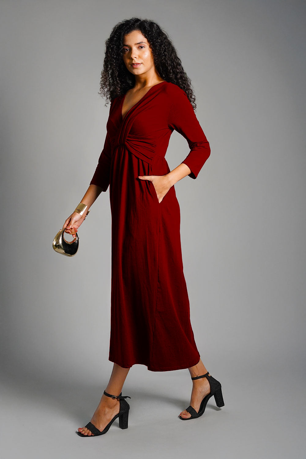 Drape Front Maroon Cotton Jersey Dress