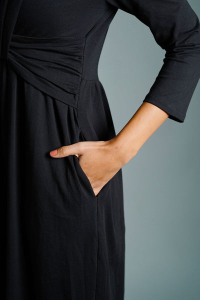 Drape Front Black Cotton Jersey Dress