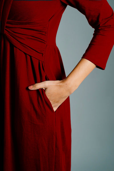 Drape Front Maroon Cotton Jersey Dress