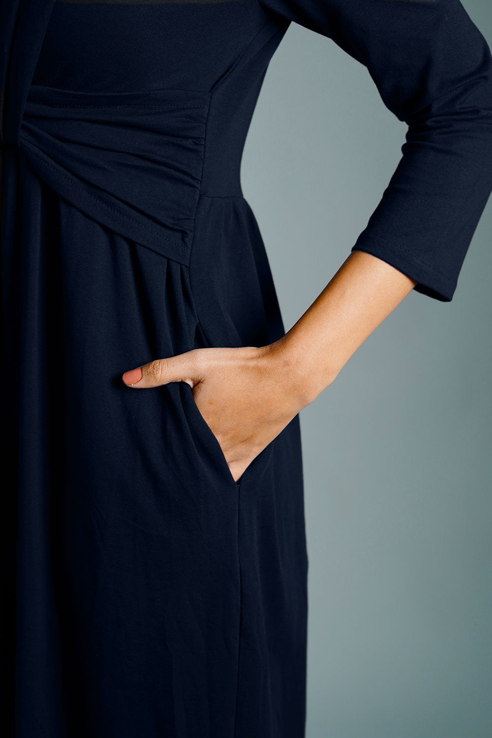 Drape Front Navy Cotton Jersey Dress