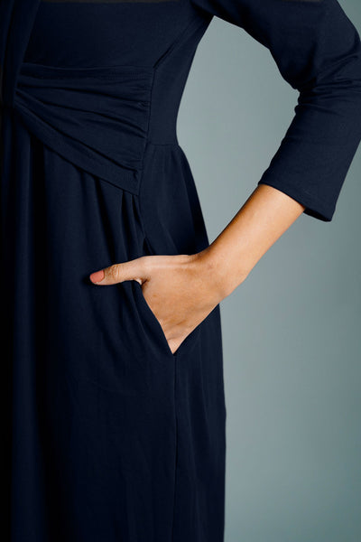 Drape Front Navy Cotton Jersey Dress