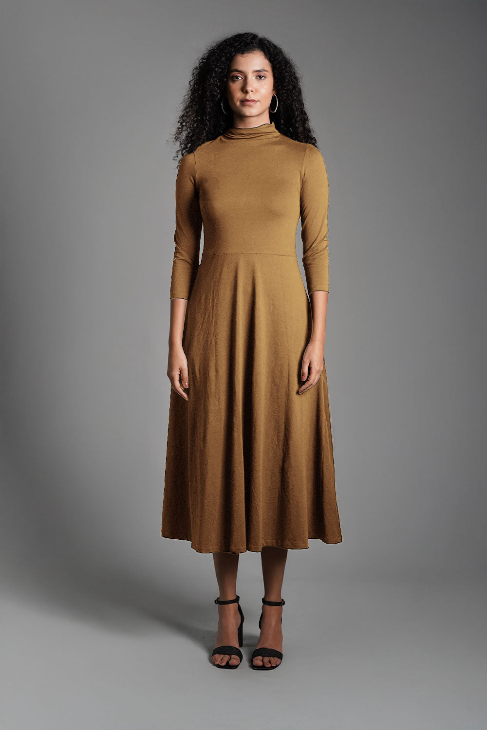 Beige High Neck Jersey Knit A-Line Dress