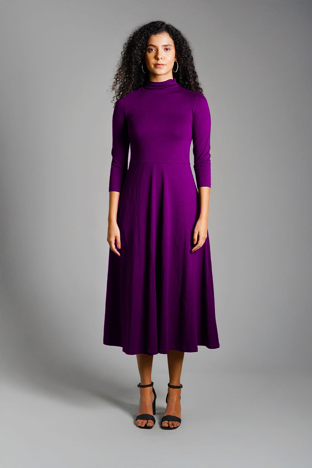 Purple High Neck Jersey Knit A-Line Dress