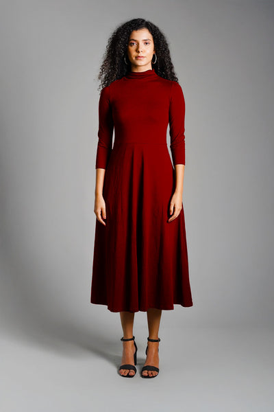 Maroon High Neck Jersey Knit A-Line Dress