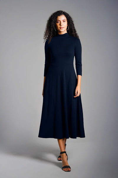 Navy High Neck Jersey Knit A-Line Dress