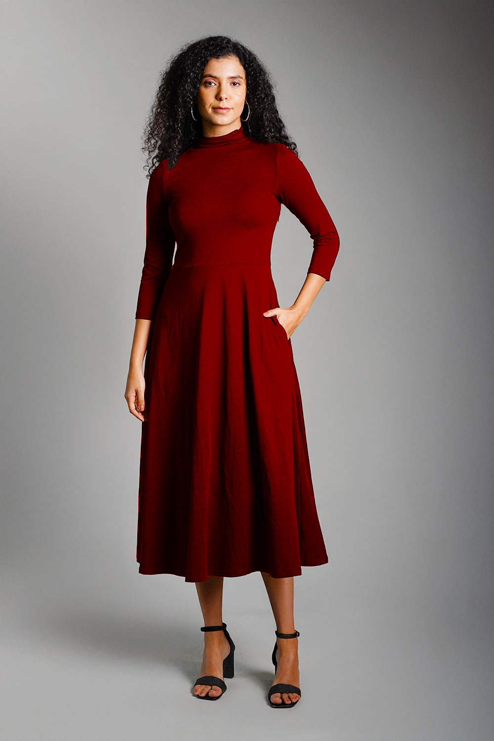Maroon High Neck Jersey Knit A-Line Dress