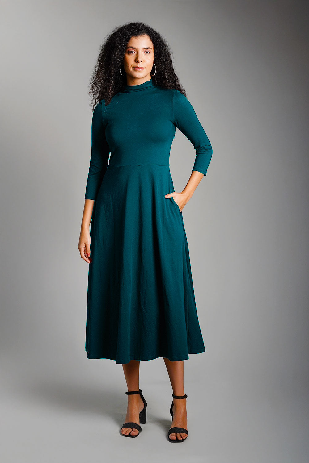 Tea High Neck Jersey Knit A-Line Dress
