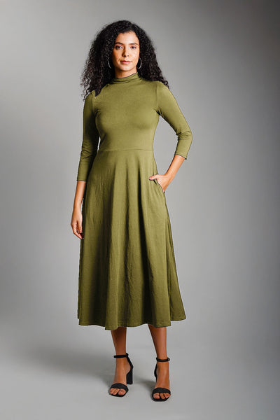 Olive High Neck Jersey Knit A-Line Dress