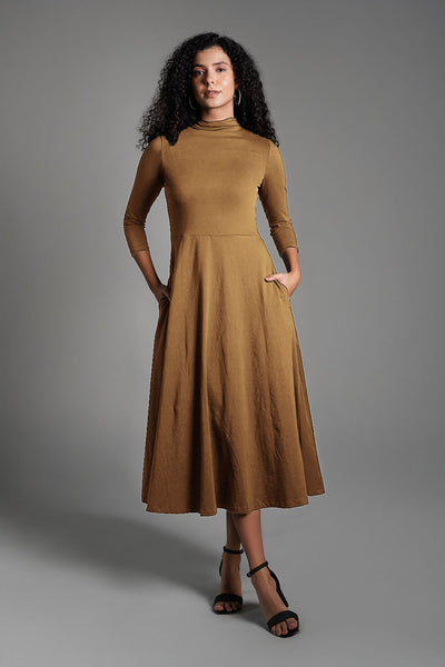 Beige High Neck Jersey Knit A-Line Dress