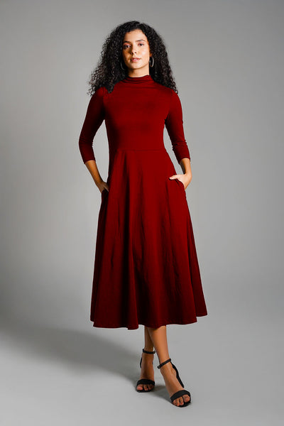 Maroon High Neck Jersey Knit A-Line Dress