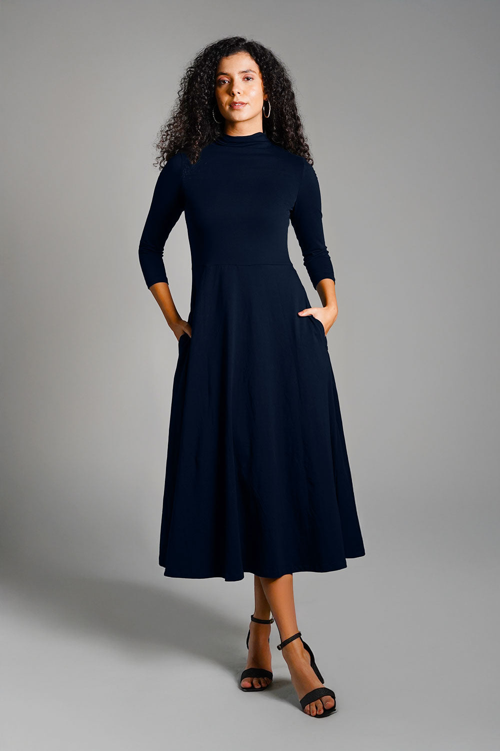 Navy High Neck Jersey Knit A-Line Dress