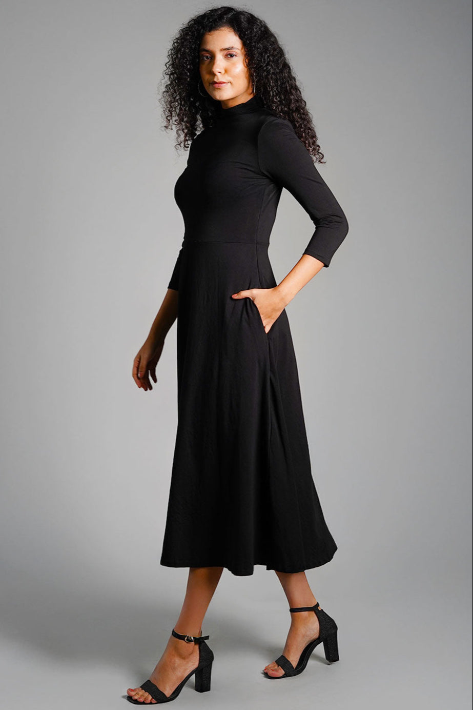 Black High Neck Jersey Knit A-Line Dress