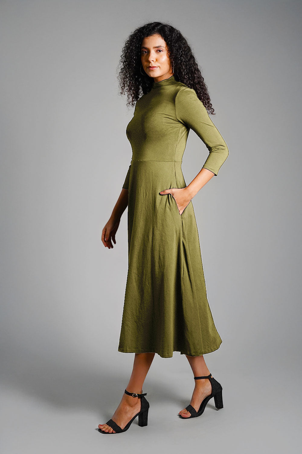 Olive High Neck Jersey Knit A-Line Dress
