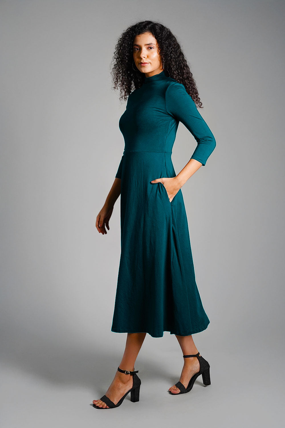 Tea High Neck Jersey Knit A-Line Dress