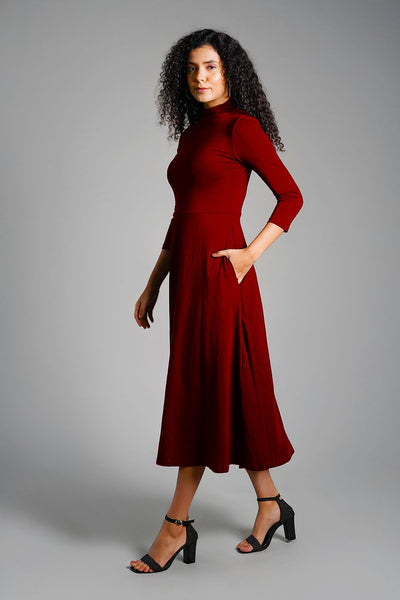 Maroon High Neck Jersey Knit A-Line Dress