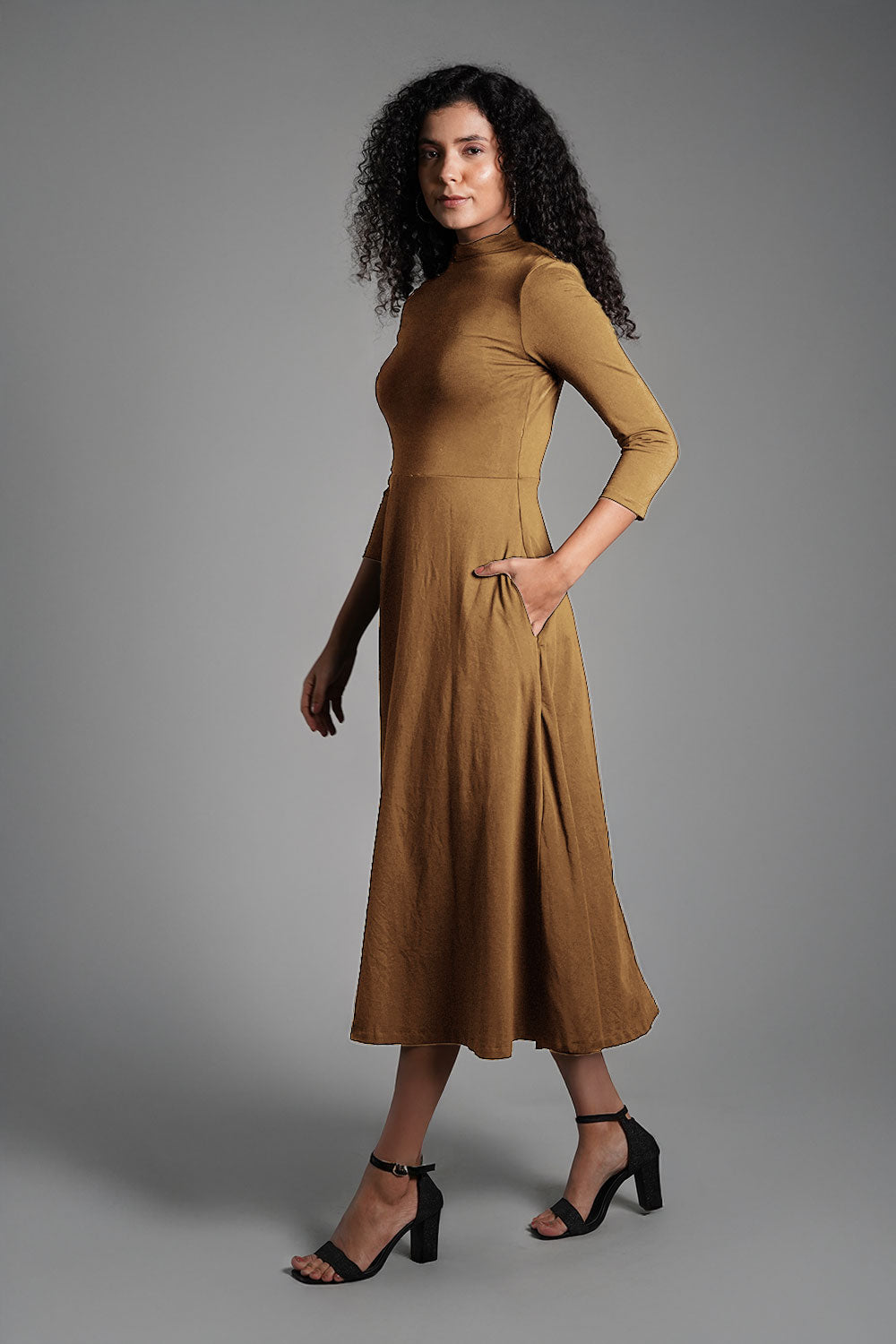 Beige High Neck Jersey Knit A-Line Dress