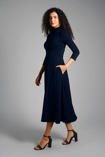 Navy High Neck Jersey Knit A-Line Dress