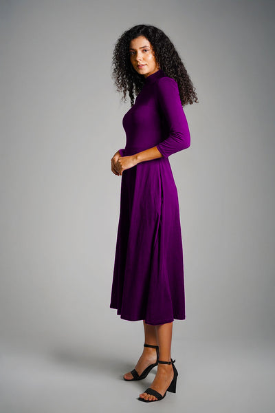 Purple High Neck Jersey Knit A-Line Dress