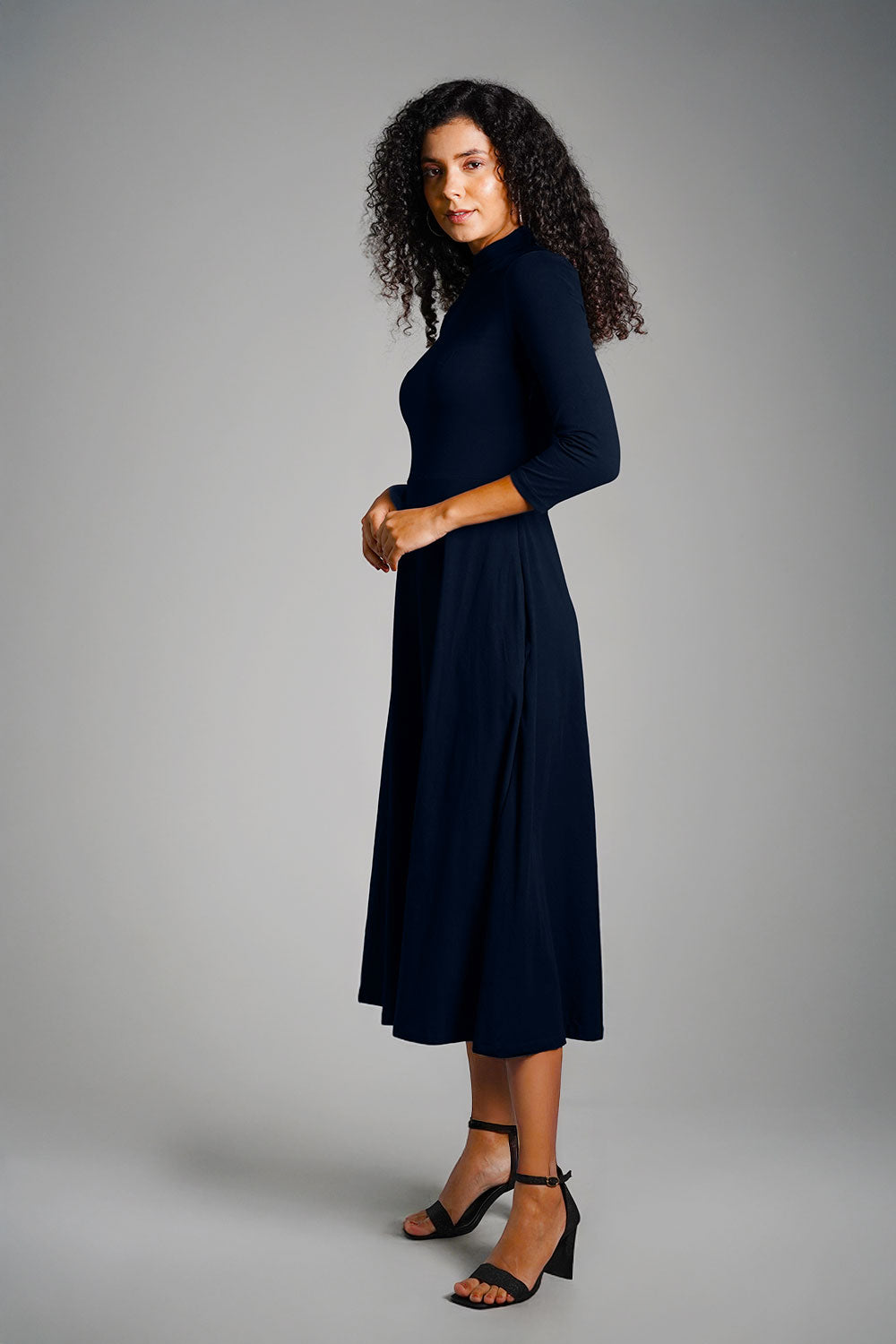 Navy High Neck Jersey Knit A-Line Dress