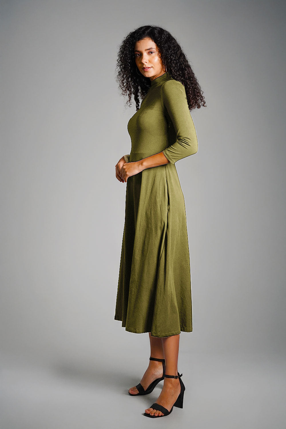 Olive High Neck Jersey Knit A-Line Dress