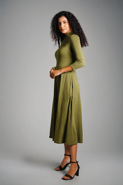Olive High Neck Jersey Knit A-Line Dress