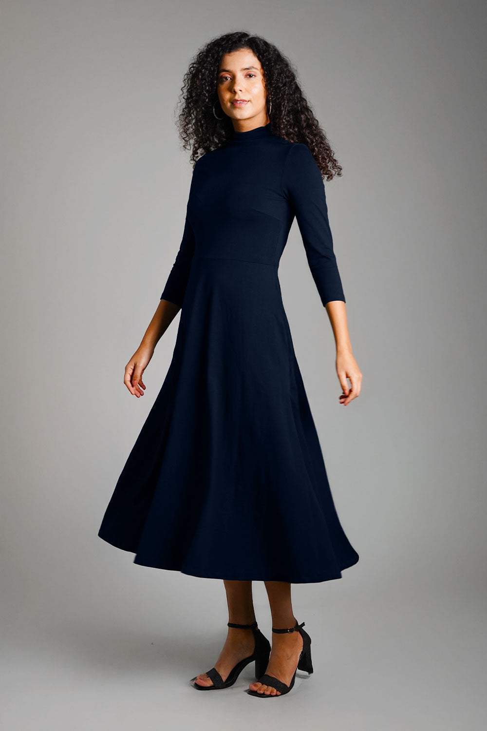 Navy High Neck Jersey Knit A-Line Dress