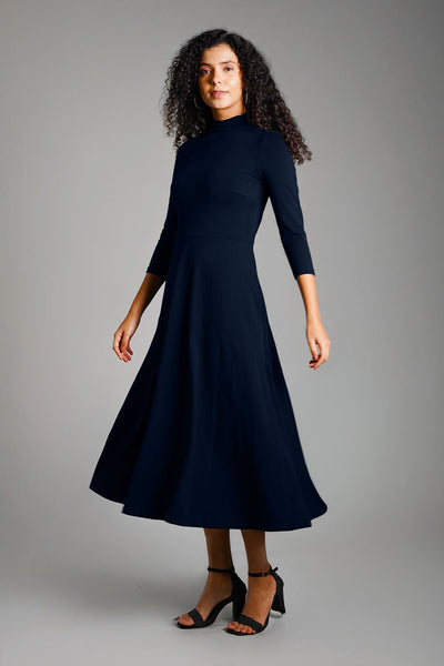 Navy High Neck Jersey Knit A-Line Dress